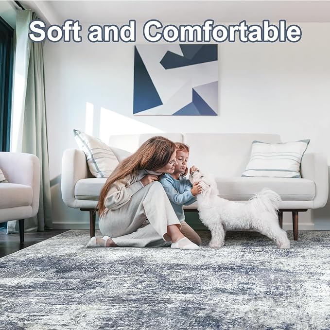 AREAMAY Washable Area Rug 5x7 - Neutral Modern Abstract Rugs, Soft Non Slip Thin Carpet with for Bedroom, Under Dining Room Table, Home, Office, Dorm, Office Rolling Chair - Indigo Gray