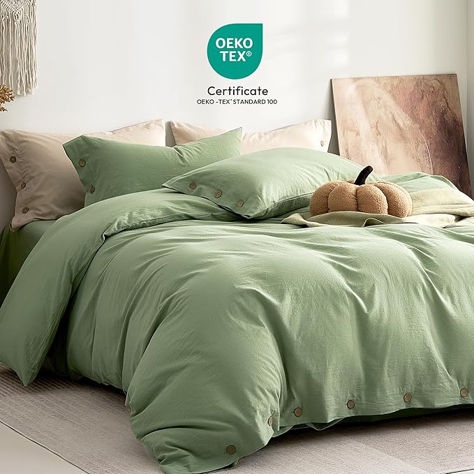 JELLYMONI 100% Washed Cotton Duvet Cover Full – Soft, Breathable Linen-Look Bedding with Natural Wrinkle Texture, Button Closure, 3-Piece Set (Mint Green, 80"x90")