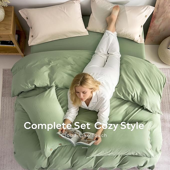 JELLYMONI 100% Washed Cotton Duvet Cover Full – Soft, Breathable Linen-Look Bedding with Natural Wrinkle Texture, Button Closure, 3-Piece Set (Mint Green, 80"x90")