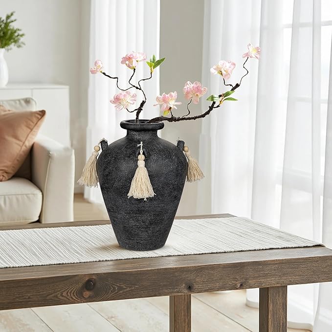 Large Decorative Ceramic Vase with Tassels, 9.4" Black Vintage Flower Vase with Handles, Textured Rustic Farmhouse Vases for Home Decor, Table Centerpiece, Living Room, Entryway, Wedding, Party Decor