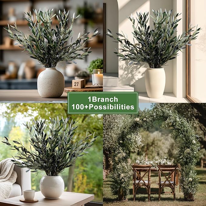 8PCS Premium Artificial Olive Branches for Vases - Realistic PU & Silk Faux Greenery Stems, 3 Sizes, Bendable Wire Stems, Low Maintenance Home/Office/Holiday Decor(No Vase