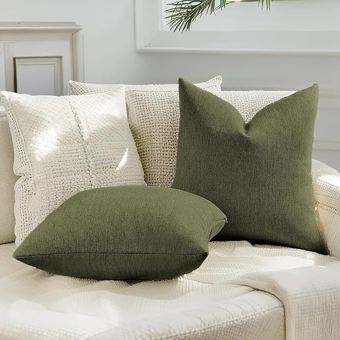 HAUSSY Moss Green Throw Pillow Covers 26x26 Inch Set of 2,Boho Decorative Faux Linen Throw Pillows Cozy Farmhouse Accent Cushion Covers,Home Decor for Couch Sofa Bed Living Room