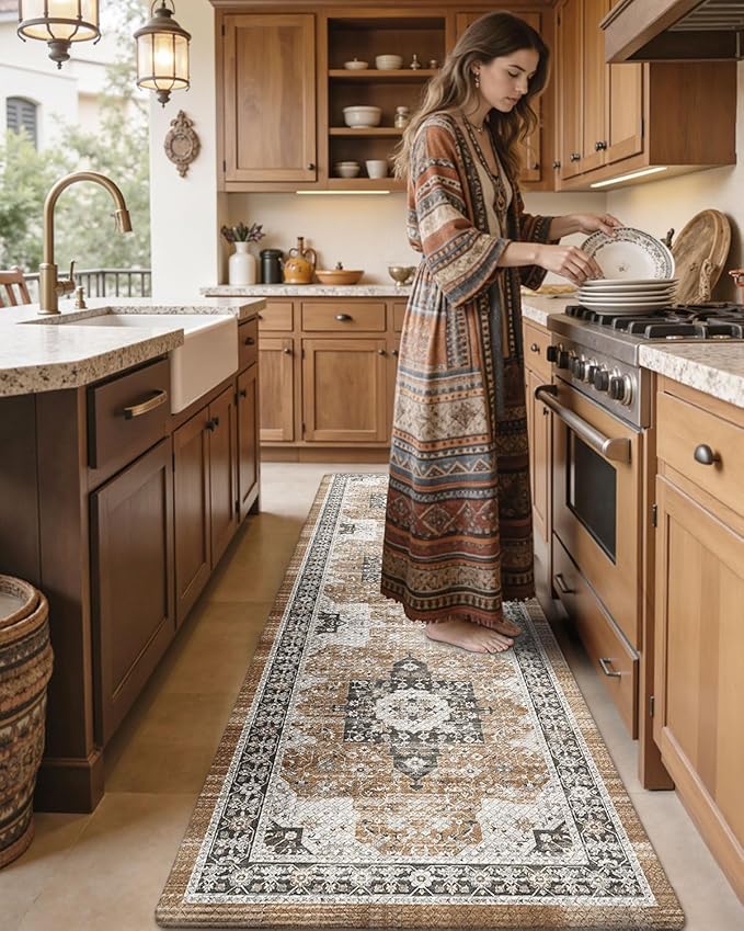 DEXI Kitchen Floor Mats Cushioned Anti Fatigue, 23x59 Long Wide Standing Comfort Runner Rug, Waterproof Retro Floral Memory Foam Padded for Front Sink Laundry, Brown/White