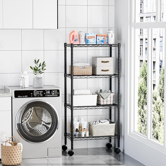 DUMOS 4 Tier Metal Shelving, Heavy Duty Shelves Wire Shelving Unit with Removable Wheel Casters, Shelves Organizer for Bathroom Garage Living Room Kitchen Pantry Laundry