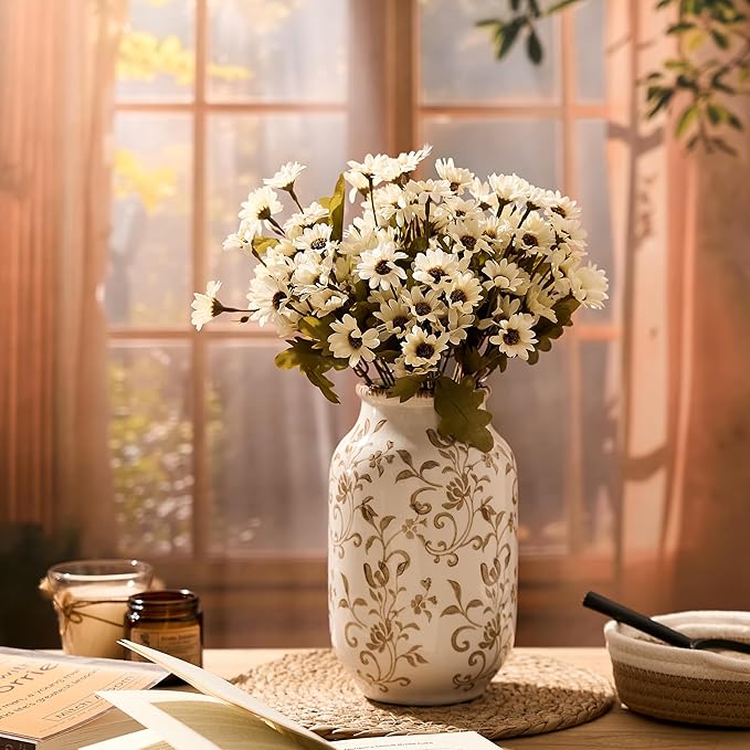 SIDUCAL Ceramic Vintage Vase, 8.78 Inch Chinoiserie Floral Vase, Retro Ice Cracked Rustic Farmhouse Vases for Home Decor, Living Room, Bookshelf, Office, Tuscan Decor, Brown Floral Pattern