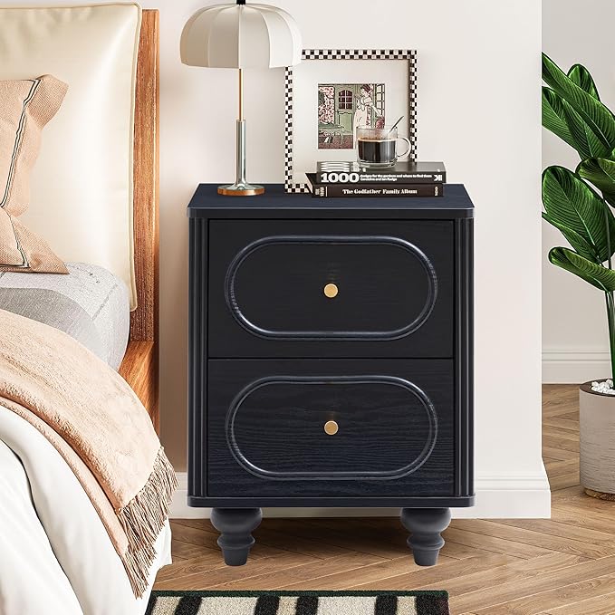 2 Drawer Fluted Nightstand, Mid Century Modern Farmhouse Night Stand Small End Table Bedside Table for Bedroom, Living Room, Black