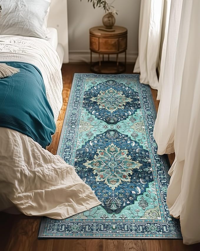 RELEANY Area Rugs 2'x6' Washable Non-Slip, Floral Vintage Distress Print Pattern Medallion Carpet for Living Room Bedroom Dining Room, Teal Green Lake Blue Turquoise