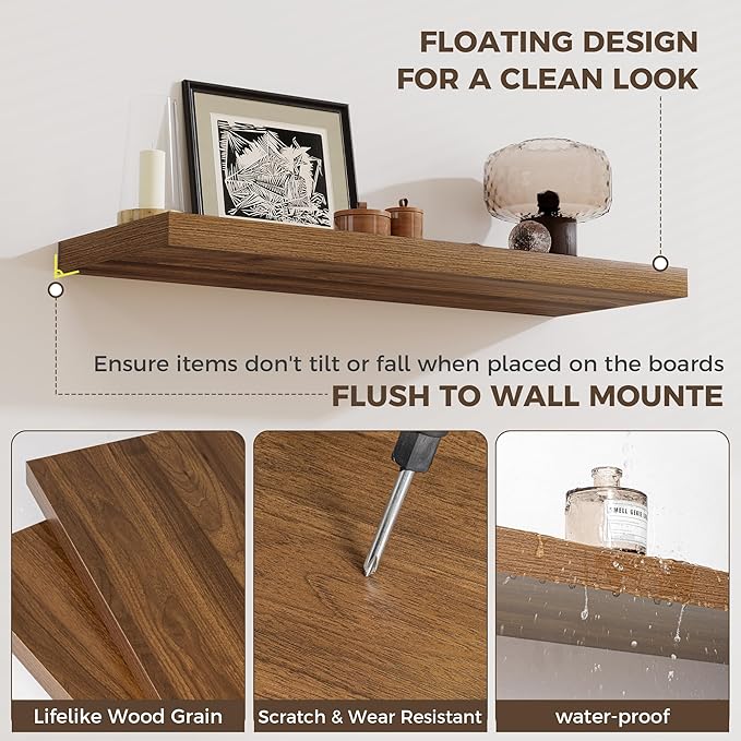 Fun Memories 12 Inch Deep Floating Shelves, 16 x 12 Wooden Wall Shelves, Extra Deeper & Thicker Rustic Wall Mounted Storage Shelf for Fireplace, Living Room, Kitchen, Farmhouse, Walnut - 3Pack