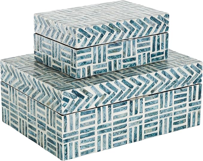 Deco 79 Mother of Pearl Shell Geometric Handmade Decorative Box Mosaic Storage Decorative Keepsake Box with Cream Underlay, Set of 2 Storage Box 12", 8"W, Blue