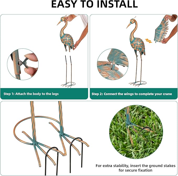 Extra-Large 36.8" Metal Crane Garden Statue, Handcrafted Blue Heron Decor Sculptures with Stable U-Ground Stakes, Backyard Decoration, Metal Garden Bird Animal Yard Art, Lawn Ornament Decor