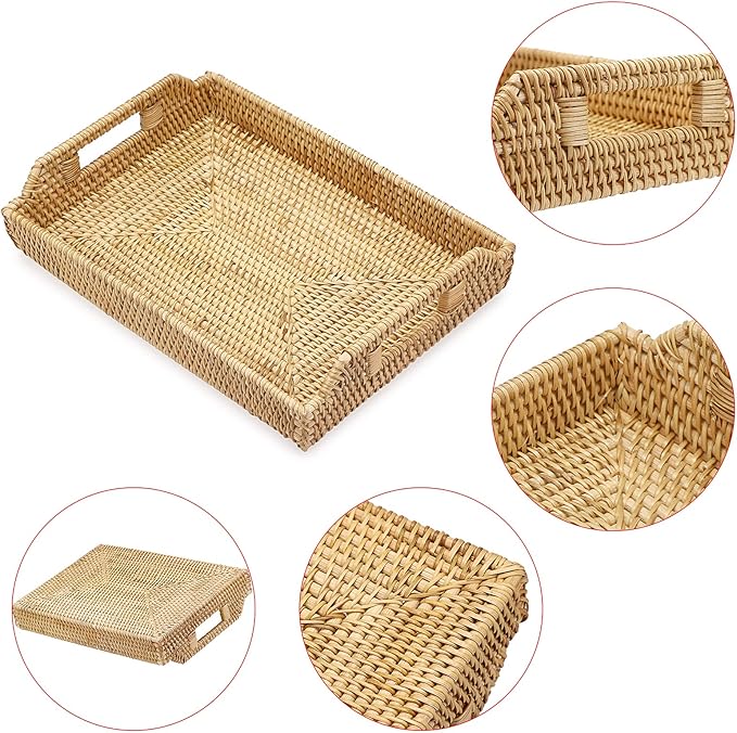 Hipiwe Rattan Serving Tray with Handles Hand-Woven Decorative Tray for Storage Breakfast, Drinks, Snack,Rectangular Basket Organizer Tray for Coffee Table, Home Decor (Large)