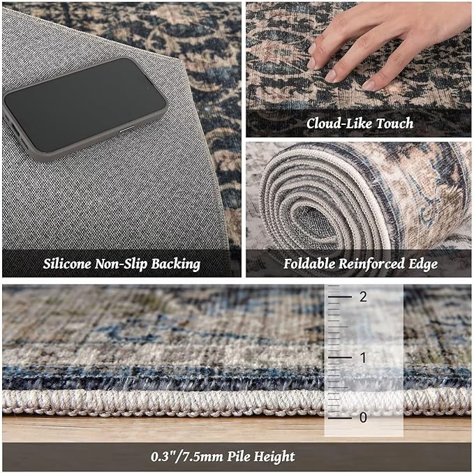 Washable 6x9 Area Rugs for Living Room, Boho Non-Slip Vintage Distress Large Rugs for Bedroom Dining Room Nursery Office, 0.3" Neutral Oriental Throw Thin Carpet, Black/Brown/Blue/Multi