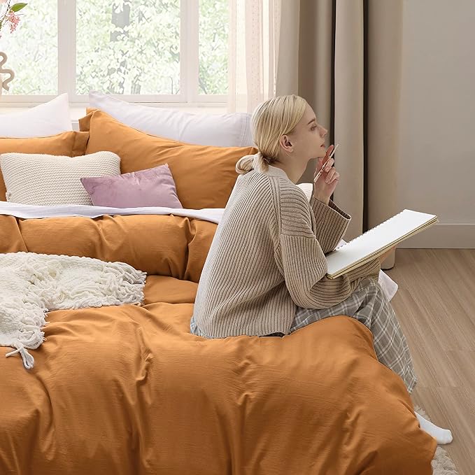 Bedsure Honey Ginger Duvet Cover Full Size - 3 Pieces Prewashed Extra Soft Cotton-Like Bedding Set, Includes 1 Duvet Cover 80x90 Inches with Zipper Closure & 2 Pillow Shams, Comforter Not Included