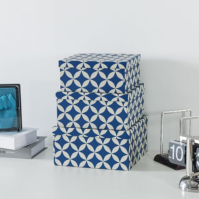 Soul & Lane Set of 3 Decorative Boxes with Lids, Square 11" x 11" Nesting Cardboard Storage for Home Décor in Blue and Cream, Keepsake and Memory Boxes for Organizing, Mosaic Navy