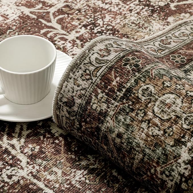 PureCozy Vintage Area Rug 5x7 Rust Red Washable Living Room Large Carpet Non Slip Bedroom Indoor Office Low Pile Traditional Distressed Retro Accent Rug for Dining Room Bathroom Kitchen