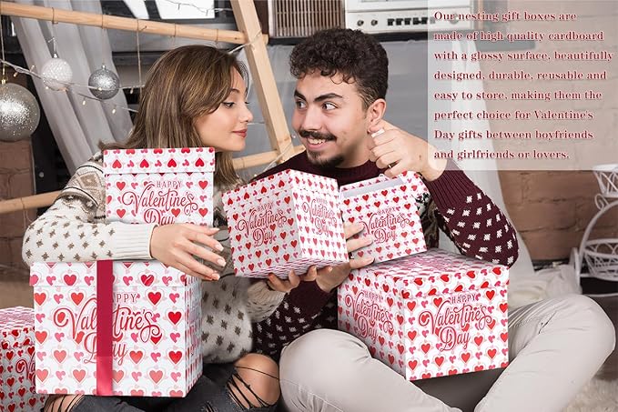 JWSCYSY 6PCS Valentine's Day Nesting Gift Boxes with Lid, Square Gift Boxes with Ribbon, Decorative Boxes Assorted Size for Valentine's Day Presents Wrapping, Party Favor Boxes (White)