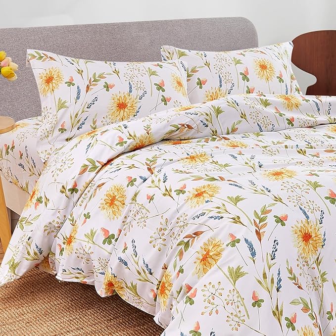 JSD Yellow Floral Duvet Cover Set Queen Size, 3 Piece Spring Printed Microfiber Comforter Covers Zipper Closure