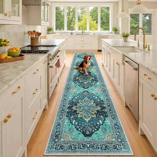 RELEANY Area Rugs 3'x10' Washable Non-Slip, Floral Vintage Distress Print Pattern Medallion Carpet for Living Room Bedroom Dining Room, Teal Green Lake Blue Turquoise