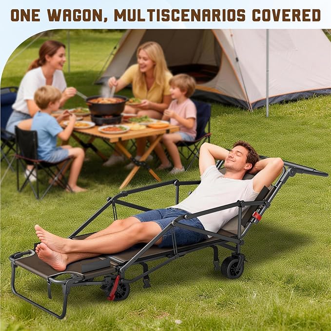 LEVELEVE Heavy Duty Folding Wagon - 2-in-1 Collapsible Cart, 400lb Capacity, All-Terrain Wheels w/Brakes & Side Pockets (Brown)