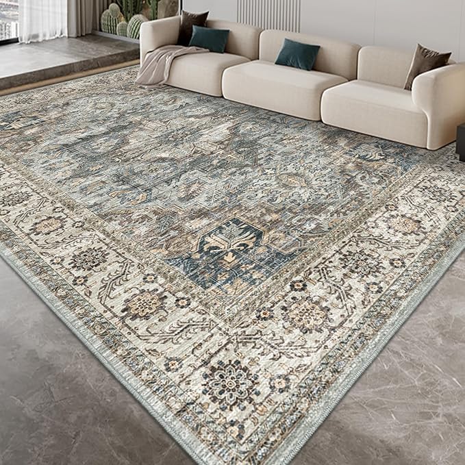Fortsea Machine Washable Rug 8x10 - Vintage Inspired Distressed Design Large Area Rugs,Soft Durable, Stain Resistant, Non-Shedding, Easy Clean Area Rugs (Olive/Taupe, 8X10)