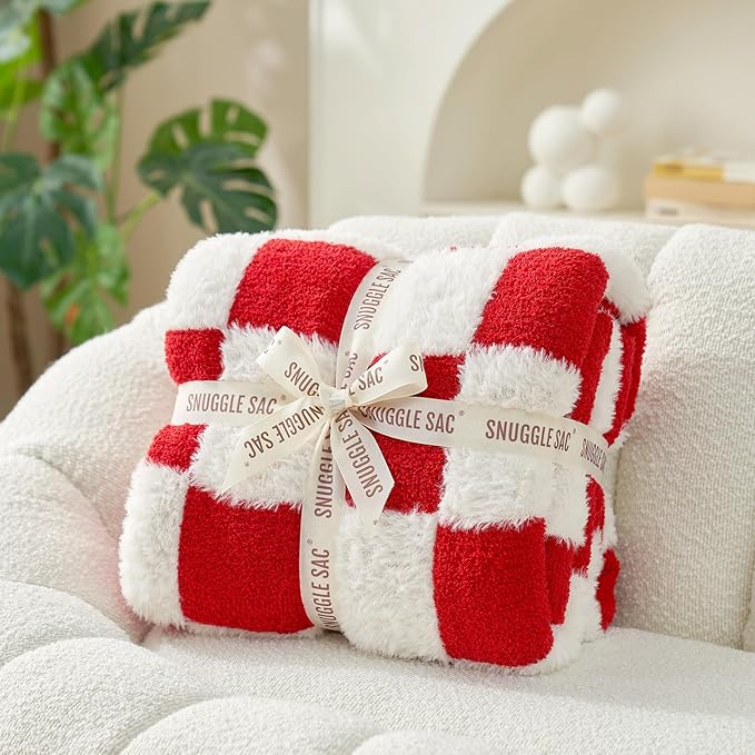 Snuggle Sac Red Checkered Christmas Blanket, Fluffy Faux Fur Ultra Soft Warm Microfiber Throw Blankets for Couch, Sofa, Chair, Bed, Red Checker, 50x60 inches