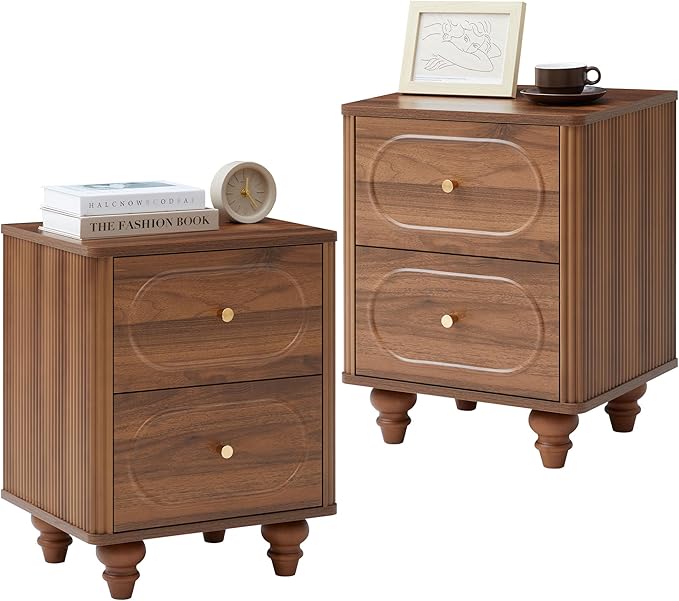 2 Drawer Fluted Nightstand, Mid Century Modern Farmhouse Night Stand Small End Table Bedside Table for Bedroom, Living Room, Walnut