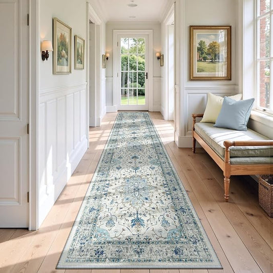 RELEANY Area Rugs 3'x12' Washable Non-Slip, Floral Vintage Distress Print Pattern Medallion Carpet for Living Room Bedroom Dining Room, Light Blue Navy Beige Gray White