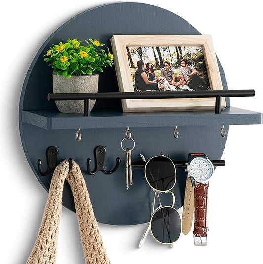 Key Holder for Wall Decorative with Shelf and Hooks, Mail Organizer Wall Mount with Sunglasses Holder, Circular Design Entryway Key Rack Hanger, Rustic Home Decor