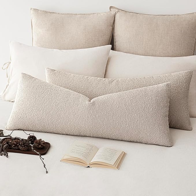 Foindtower Decorative Textured Boucle Throw Pillow Covers Accent Solid Pillow Cases Neutral Long Body Lumbar Couch Cushion Case for Chair Sofa Bedroom Living Room Home Decor 14x36 Inch,1PC,Oatmeal