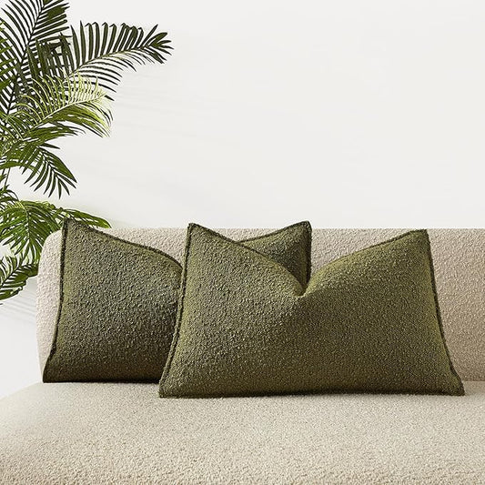 JUSPURBET 12x20 Pillow Covers Set of 2 Decorative Throw Pillow Covers Case for Couch Sofa Bed Soft Boucle Textured Lumbar Cushion Covers with Hidden Zipper for Home Decor Living Room,Olive Green