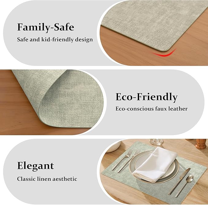 FROMHEART Faux Leather Placemats Set of 8–Waterproof,Heat/Oil Stain-Resistant PU Table Mat–Reversible,Non-Slip,Easy to Clean Place Mats for Kitchen,Dining,Indoor/Outdoor,(Light Green,11.8" x 17")