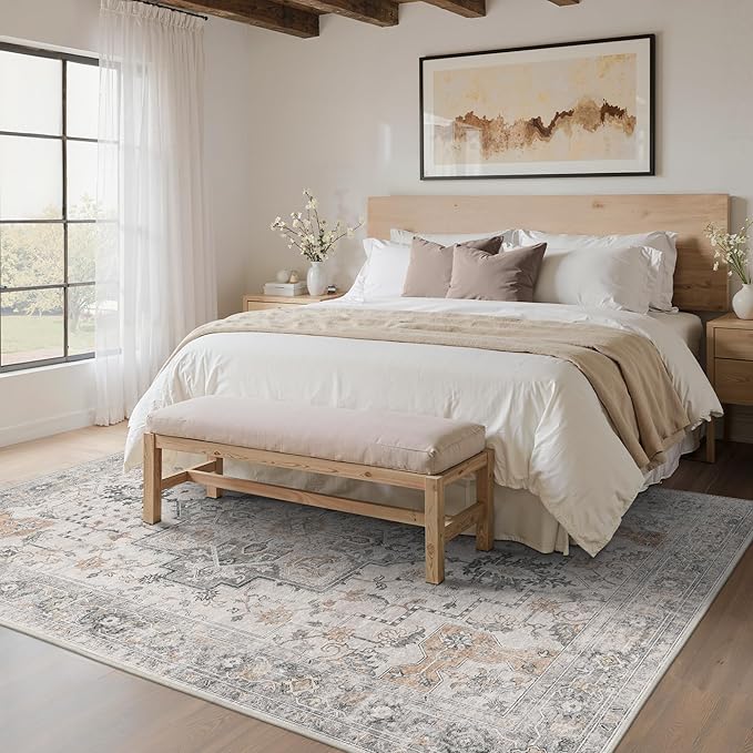BESBLEE 6x9 Area Rugs for Living Room, Machine Washable Low Pile Rugs, Non Alip Vintage Rug for Bedroom, Dining Room, Home Office, Light Taupe Brown