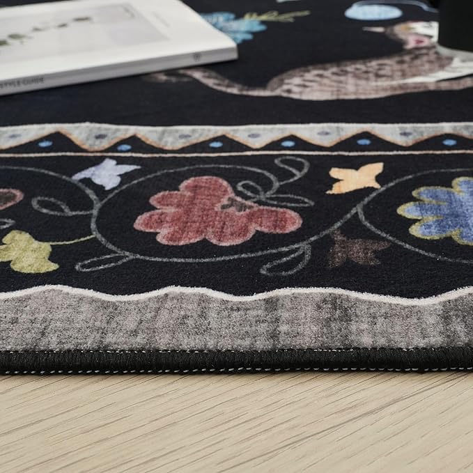 Rugcomf Runners for Kitchen Runner Rug Non Slip 2'x10' Long Washable Rugs with Rubber Backing Soft Floral Animal Cat Carpet Runner for Kitchen Laundry Bedroom Bathroom, Black