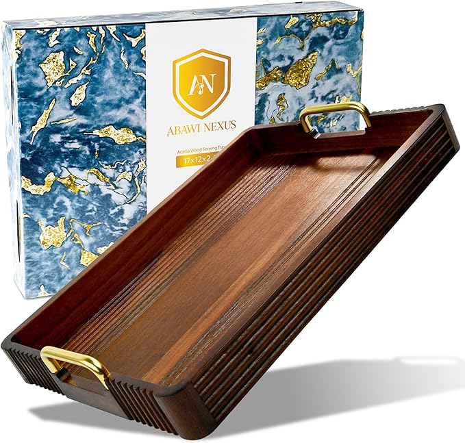 Acacia Wood Serving Tray with Metal Handles  – 17x13in Rustic Decorative Ottoman & Coffee Table Tray for Breakfast in Bed, Dinner, Bar, Kitchen, Home Décor & Entertaining