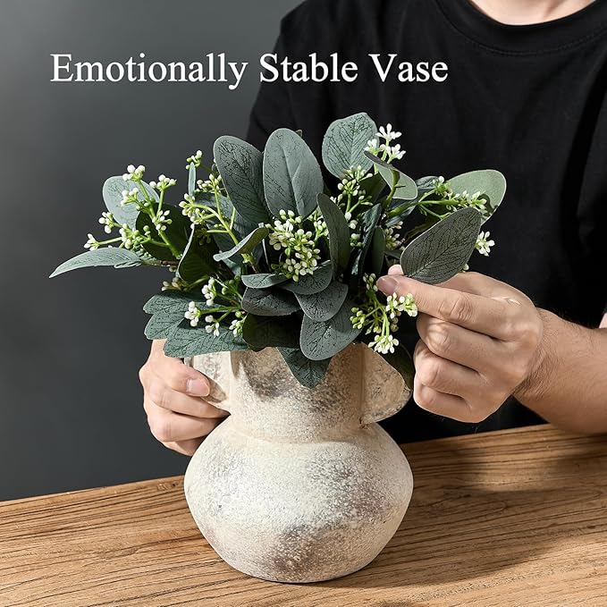Emotionally Grounded Vase, Vaseking Ceramic Rustic Vase with 2 Handles, 6.1 inch Minimalist Decorative Farmhouse Vases for Home Decor, Living Room, Enterway, Table Decoration, Terra