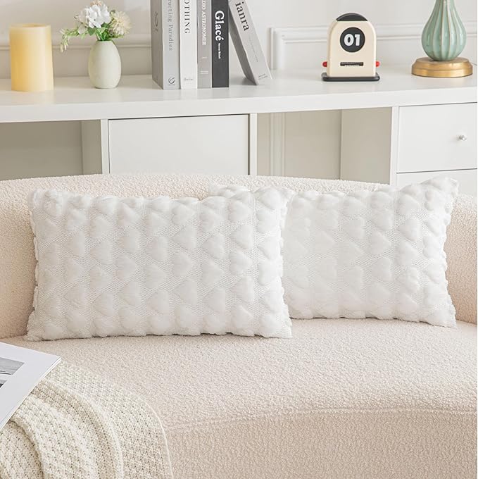 AQOTHES Set of 2 Heart Love Cute White Decorative Valentines Throw Pillow Covers 12x20, Soft Plush Faux Fur Pillow Covers for Couch Sofa Home Valentines Day Decoration
