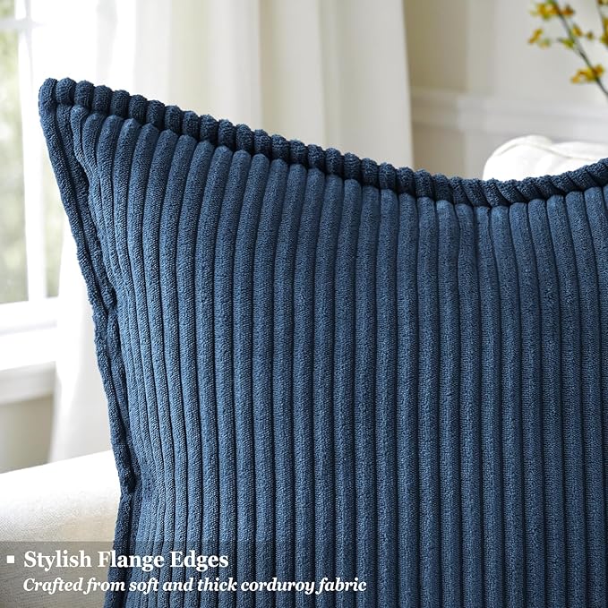 decorUhome Spring Corduroy Navy Blue Euro Sham Throw Pillow Covers 22x22 Set of 2 Decorative Soft Boho Farmhouse Couch Pillow Covers for Living Room Bed Sofa Broadside Striped Pillow Cases