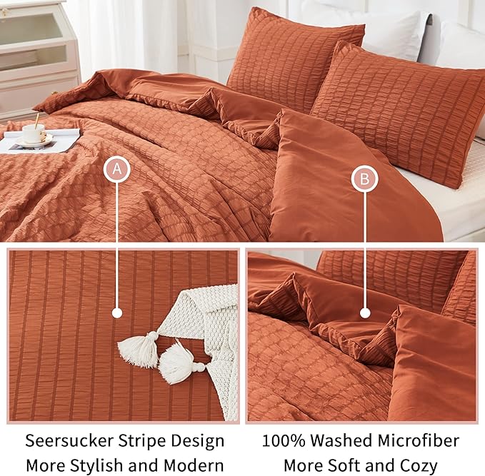 AveLom Terracotta Seersucker Comforter Set - Full Size, 80x90 Inches, 3 Pieces, Machine Washable