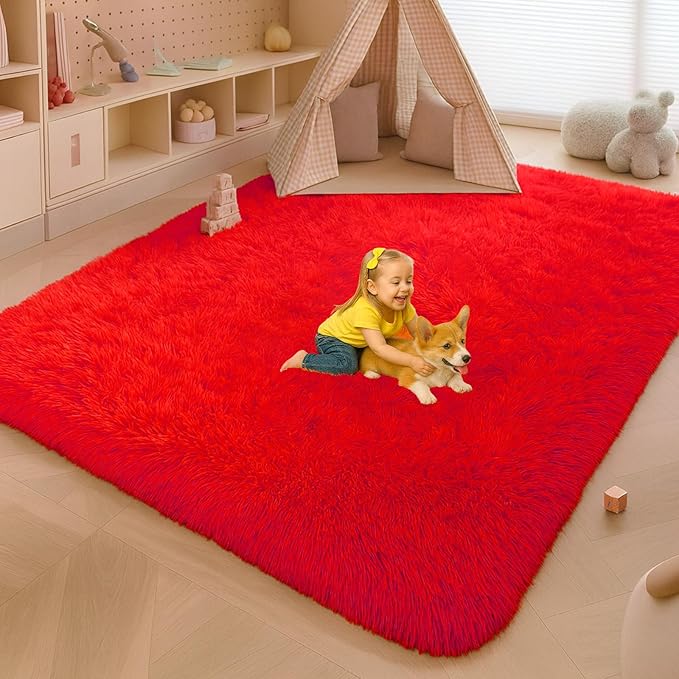 Mtandyx 5x7 Plush Fluffy Area Rugs, Large Soft Carpet, Upgraded Non-Slip Rectangular Rug for Living Room, Bedroom, Kids Room, Dorm,Modern Home Decor Aesthetic,Red.