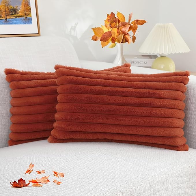 decorUhome Faux Fur Spring Throw Pillow Covers 12x20 Set of 2, Decorative Soft Plush Striped Lumbar Neutral Couch Pillow Covers with Velvet Back for Sofa, Bed, Living Room Home, Rust