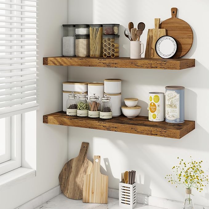 Fun Memories 9.3Inch Deep Floating Shelves for Wall, 30 Inch Rustic Wood Wall Mounted Shelves for Bathroom, Bedroom, Kitchen, Deep Floating Shelf for Storage & Home Decor (Brown, Set of 2)