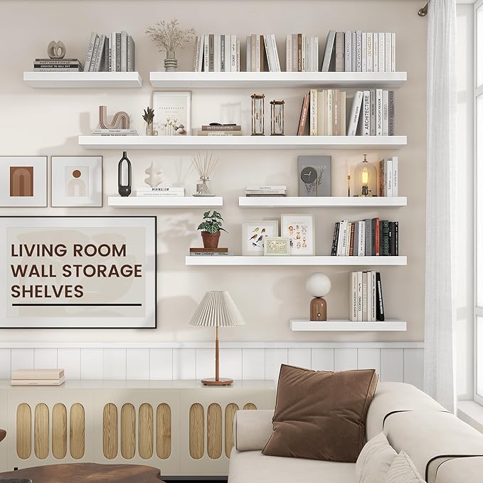 Floating Shelves for Wall, Engineered Wood Wall Shelves with Invisible Brackets for Living Room Bedroom Bathroom Office Kitchen Decor and Storage (White, 36" W x 9" D x 1.5" H) Set of 2