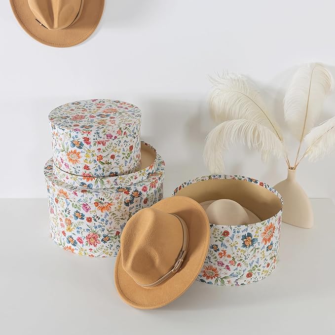 Soul & Lane Botanica Bliss Round Hat Boxes with Lids - Set of 3 Nesting Cardboard Hat Storage, Boho Floral Print Cases, Circle Stacking Decorative Keepsake Boxes
