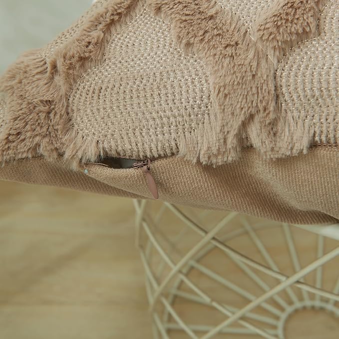 EMMTEEY Boho Fluffy Pillow Covers 20X20 - Single-Sided Striped Embroidery Design, Neutral Nordic Style Pillow Case Bed Sofa Decor for Cozy Home Styling, Brown