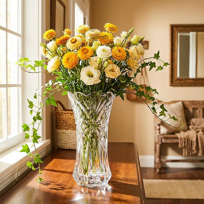 JASVIC 12 Inch Crystal Vases for Flowers, Starburst Design Glass Flower Vase, Elegant Modern Decorative Vase for Living Room Dining Table Office Centerpiece, Wedding