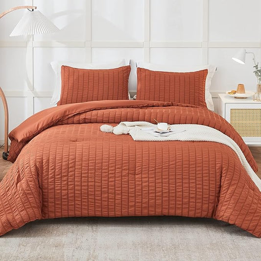AveLom Terracotta Seersucker Queen Comforter Set (90x90 inches), 3 Pieces - 100% Soft Washed Microfiber Lightweight Comforter with 2 Pillowcases, All Season Down Alternative Comforter Set for Bedding