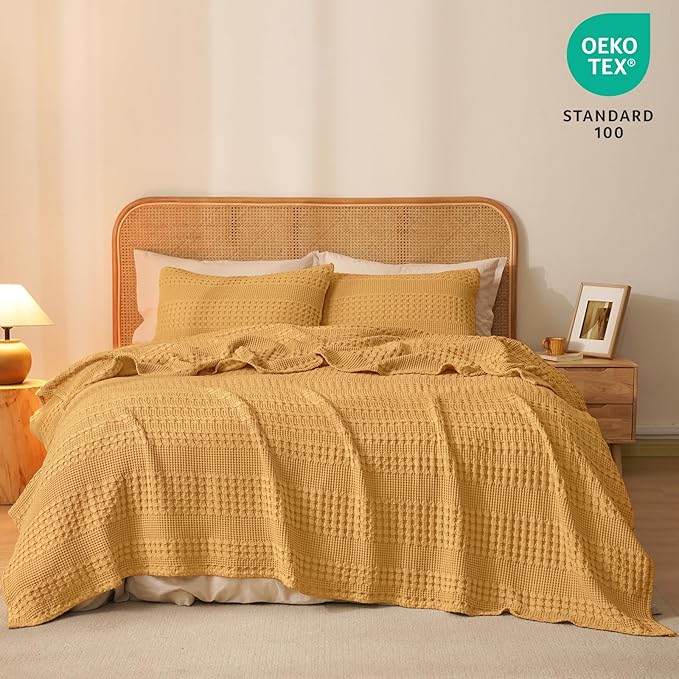 PHF 100% Cotton Waffle Weave Blanket Queen Size for Bed, Soft Lightweight & Breathable, All-Season Comfort, 300 GSM Luxury Aesthetic Blanket for Home Decor, 90"x90", Pumpkin Orange