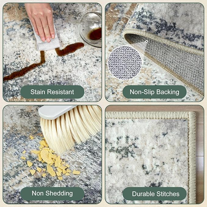AREAMAY Washable Area Rugs for Living Room 8x10 - Large Neutral Modern Abstract Rug, Soft Low Pile Carpet with Non Slip Backing for Under Dining Room Table, Bedroom, Home, Office, Dorm - Green Yellow