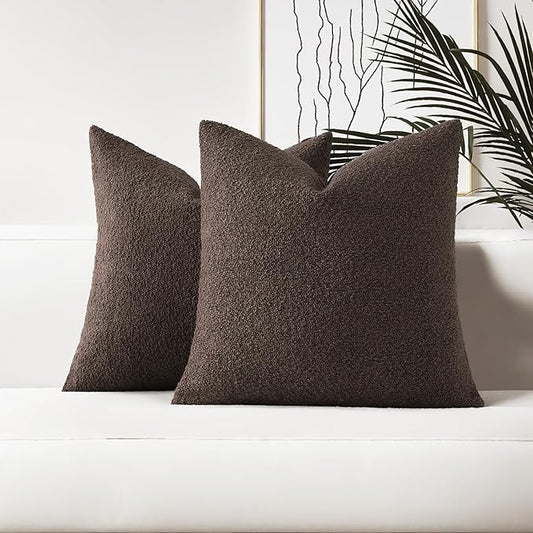 HAUSSY Set of 2 22x22 Decorative Throw Pillow Covers, Soft Cozy Textured Boucle Couch Cases, Home Decor for Couch Bed Living Room, Dark Coffee