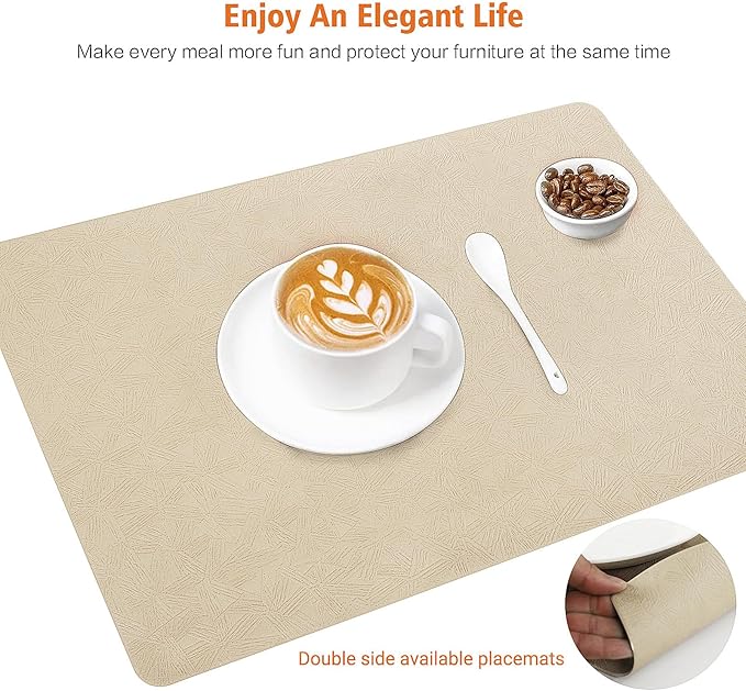 Vinyl Placemats Set of 4 Heat Resistant Easy Clean Non-Slip Place Mats for Dining Table Faux Leather Waterproof Stain Resistant Wipeable Washable PVC Table Mats(4, Beige)